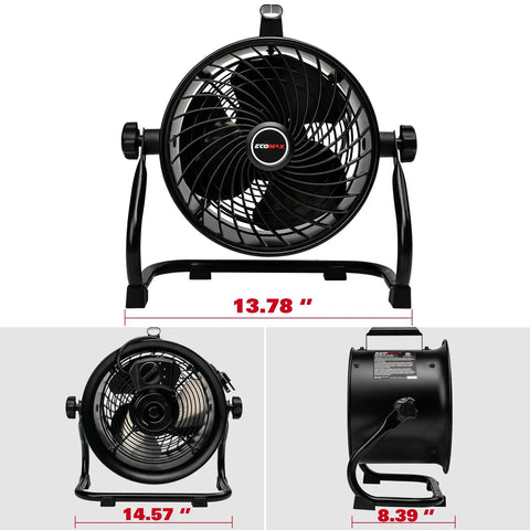 Front and side views of 10 Inch Drum Fan With 900 CFM, 3 Speed Industrial Floor Fan, Tilt Head 360 Degree, Aluminum Blades, Heavy Duty Design