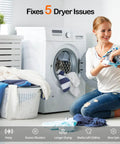 Woman with laundry near dryer displaying Dryer Repair Kit With One Piece Injection Molded Drum Roller And Idler Pulley Belt Replacement