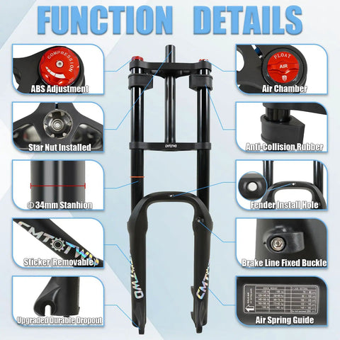 Function details of Beefy 20x4.0 Fat Tire EBike Air Suspension Fork With 185mm Travel 135mm Hub 9mm QR Double Shoulder Air Shock