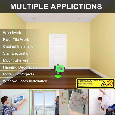 Room setup with 3D Laser Level With Green Laser, Self Leveling And Manual Modes, 360 Degree Coverage, ideal for multiple applications.