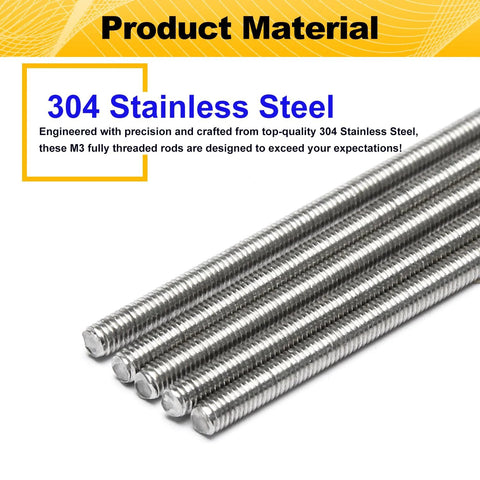 Five M3x0.5x300mm stainless steel fully threaded rods with right-hand threads (304 SS)