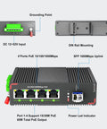 Industrial 5-Port PoE Gigabit Din Rail Ethernet Switch with 4 PoE Plus Ports, 65W Total PoE, SFP Port, and LC Module, IP40 Unmanaged