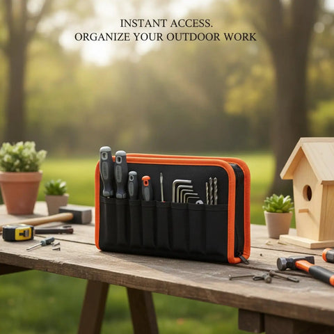 Vertical Tool Organizer Bag For Workbench Red Oxford Cloth Caddy displayed on outdoor table with tools and plants.