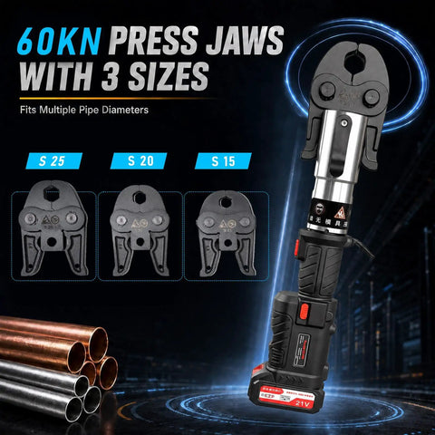 60Kn Cordless Hydraulic Electric Pipe Crimping Tool For Copper Pipes with press jaws sizes S15, S20, and S25 showcased.
