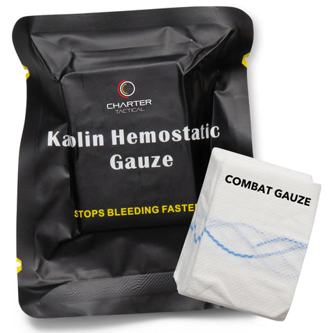 Kalin Hemostatic Gauze pouch; two items visible: black Charter Tactical pouch and white Combat Gauze pad.