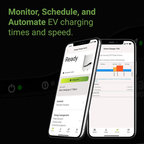 Sleek Level Two EV Charger With Smart Load Balancing For Home 48 Amp Fast Charging Station app showing charging status and schedule.