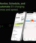 Smooth Operator Level Two Ev Charger With Smart WiFi Controls, 48 Amp Rapid Juice For Any Home Garage, 240 Volt Compatible With Tesla And Nacs, 25 Foot Braided Cable, Zero Hassle Install shown on smartphones displaying charging schedule.