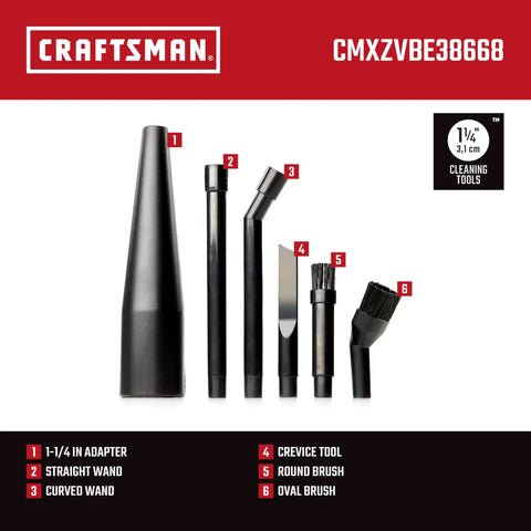 6-Piece Micro-Cleaning Wet Dry Vac Attachment Kit For 1-1/4 Inch Hoses, showing various industrial-grade shop vacuum accessories.