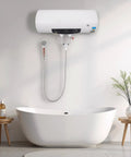 Rock Solid 15.9 Gallon Electric Water Heater With 1500 Watt Fast Heating Element above a modern freestanding bathtub.