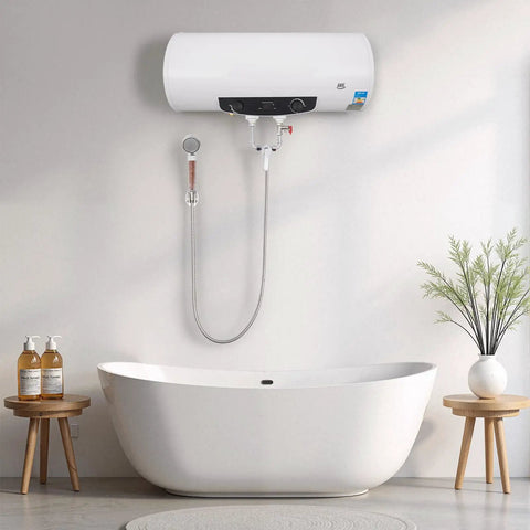 Rock Solid 15.9 Gallon Electric Water Heater With 1500 Watt Fast Heating Element above a modern freestanding bathtub.
