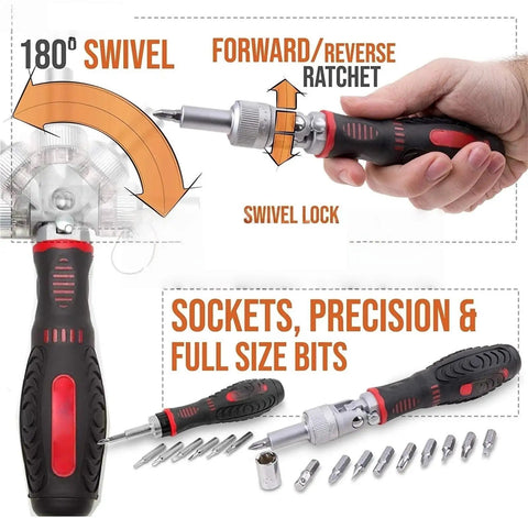 Heavy Duty Ratchet Screwdriver Set With Magnetic Bits Perfect For Household Repairs And Auto Mechanics Who Need A Durable Toolbox To Tackle Any Fixing Job Without Breaking The Bank Or Rummaging Through Cluttered Gears. 180° swivel ratchet handle with bits and sockets