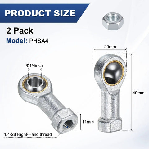 2 Pack PHSA4 Rod End Bearing Set, 1/4 Inch Bore, 1/4-28 Right Thread, Self Lubricating Female Thread Steel Joint Rod Ends With Jam Nuts