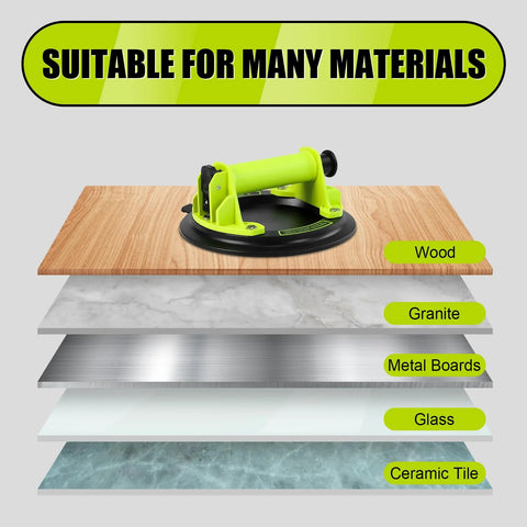 Front view of a lime-green 8-inch glass suction cup lifter on wood; heavy-duty vacuum tool for glass, granite, tile (2-pack)