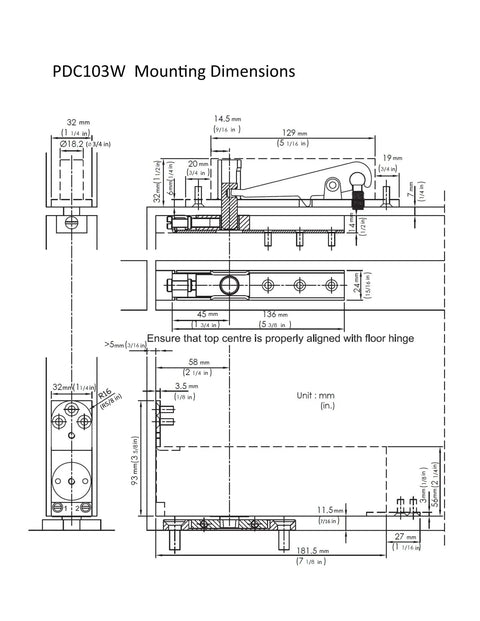 Technical diagram of Hydraulic Self-Closing Concealed Door Closer For Wooden And Steel Doors Holds Open At 90 Degrees specifications.