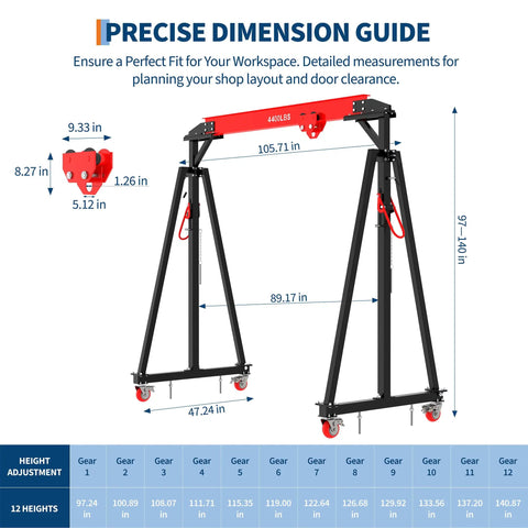 Heavy Duty Gantry Crane 2 Ton Capacity With Manual Trolley And Nylon Sling, Portable Garage Hoist Dimensions Guide