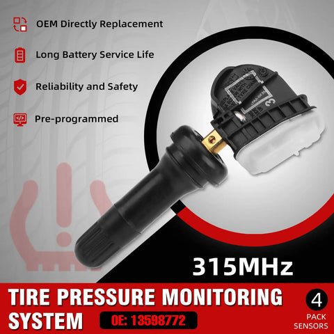315Mhz Tpms Tire Pressure Monitoring System Sensor Fits Chevy Silverado Gmc Sierra Buick Equinox Cruze Colorado Cadillac Pickup, showing 4-pack sensor with OEM design.