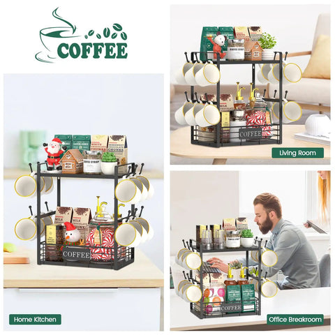 Coffee Mug Organizer Rack For Countertop, 2 Tier Mug Stand With 12 Hooks holding mugs and small essentials in kitchen and living room.
