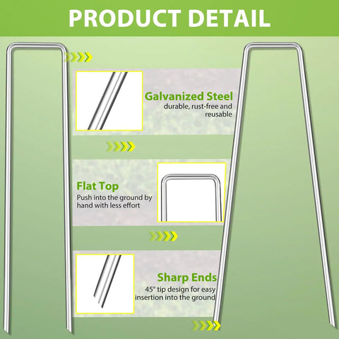 Heavy Duty 12 Inch Landscape Staples U Shaped Ground Stakes Galvanized 8 Gauge Steel For Outdoor Decor Irrigation Tubing Fences Weed Barriers Garden Netting And More Available In 12 25 50 100 200 Packs product details showing galvanized steel, flat top, sharp ends.