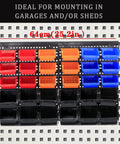 Wall Mounted Garage Storage Bins Organizer Rack with 30 Bins in Four Colors ABS Plastic for Screws and Small Parts shown on pegboard