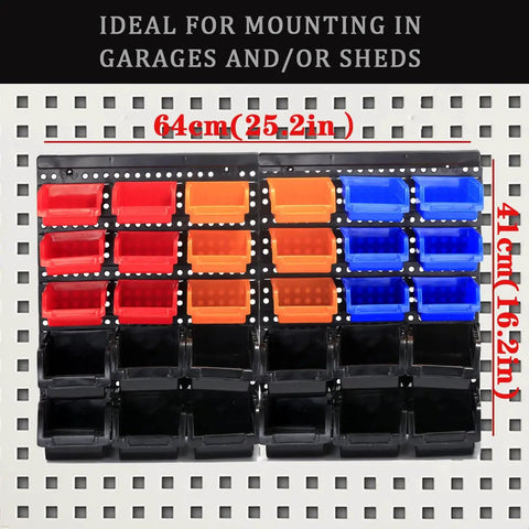 Wall Mounted Garage Storage Bins Organizer Rack with 30 Bins in Four Colors ABS Plastic for Screws and Small Parts shown on pegboard