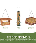 Top Shelf No Mess Wild Bird Seed Mix For Backyard Songbirds in different feeder styles including hopper, tube and platform.