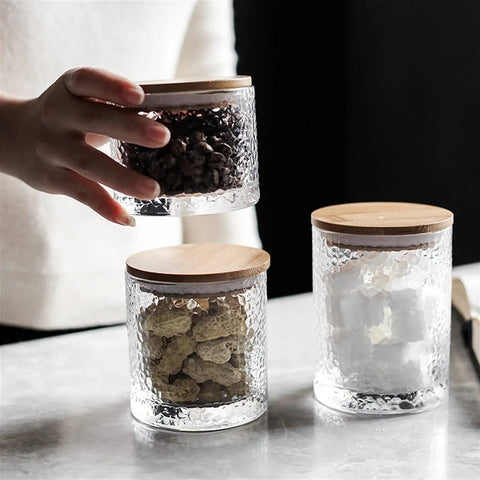 Top Shelf Airtight Glass Storage Jars 320 Milliliters with durable sealed lids holding coffee beans and snacks.