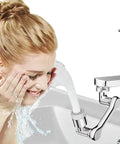 Woman using 1080 Degree Swivel Faucet Extender Aerator with Universal Splash Filter for face wash in bathroom sink