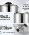 Legit Workhorse 304 Stainless Steel Pressure Tank With Vertical 24 Liter Design showing dust cap, flange, and water inlet/outlet.