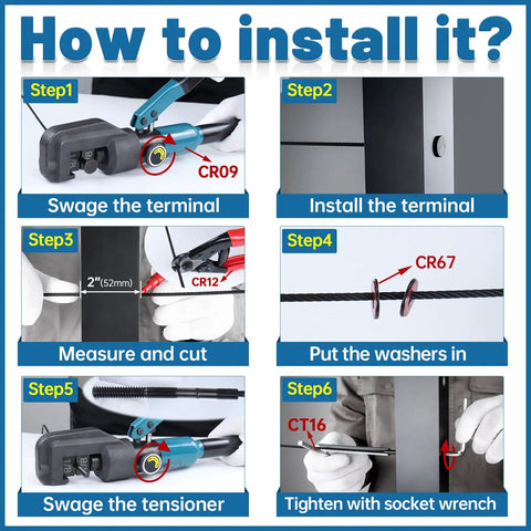 Installation steps for 10 Pair Black Cable Railing Kit With Invisible One Eighth Inch Swage Tensioners And Hidden Thin Head Terminals