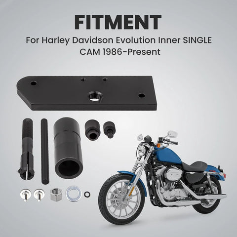 maXpeedingrods camshaft bearing installer tool kit for Harley Evolution; black metal components, puller adapters, and spacers