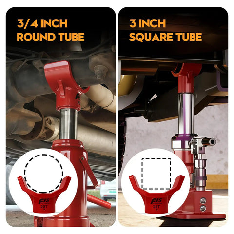 Heavy Duty Hydraulic Bottle Jack Adapter Sleeve Kit Includes Multi Ton Support Rings With Reinforced Flat Base Design For Built Tough And Hassle Free Lifting Performance On Any Auto Or Service Rig showing red adapter sleeves for 3/4 inch round and 3 inch square tubes.