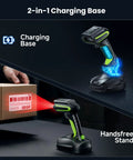 Rugged Industrial Wireless Barcode Scanner 3 In 1 Waterproof Bluetooth With Charging Dock And Battery Indicator Hands Free 1D 2D QR Code Reader scanning box and docked on stand