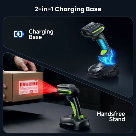 Rugged Industrial Wireless Barcode Scanner 3 In 1 Waterproof Bluetooth With Charging Dock And Battery Indicator Hands Free 1D 2D QR Code Reader scanning box and docked on stand