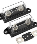 Built Tough MEGA Fuse Holder With 100 Amp Cartridge And Clear View Lid For 12V And 24V DC Circuits Double Pack showing dual fuses.