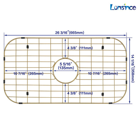 Stainless Steel Sink Grid For Kitchen Sinks 26 1/8 By 14 1/16 Inches Center Drain Hole Top Notch Durable Bottom Grid Protector Anti Corrosion Fits Most Undermount And Drop In Sinks, gold grid with measurements.
