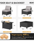Outdoor Patio Furniture Set With 44 Inch Fire Pit Table 7 Piece Sectional 4 Inch Thick Cushions Wide Armrests Wicker Frame All Weather Rustproof Steel Grey Backyard Lounge diagram showing sofa and table pieces with dimensions.