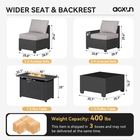 Outdoor Patio Furniture Set With 44 Inch Fire Pit Table 7 Piece Sectional 4 Inch Thick Cushions Wide Armrests Wicker Frame All Weather Rustproof Steel Grey Backyard Lounge diagram showing sofa and table pieces with dimensions.
