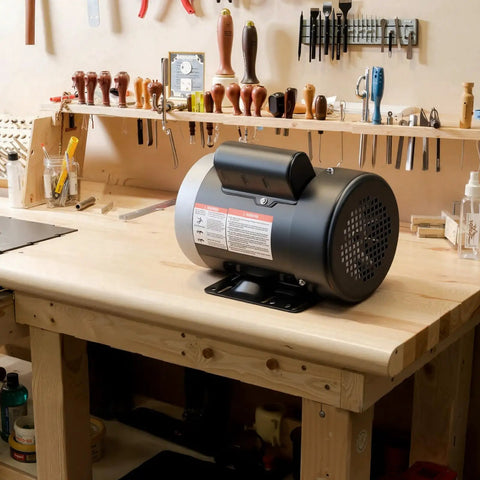 0.5 HP 1725 RPM Air Compressor Motor Single Phase 115V 230V 56 Frame with 5/8 Inch Shaft on a workbench.