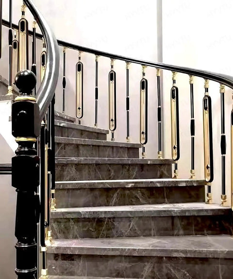 Built Tough Aluminum Stair Spindles With 270 Degree Pivot Brackets For Deck Or Patio DIY Railings Plus Ten Flexible Baluster Posts on curved staircase.