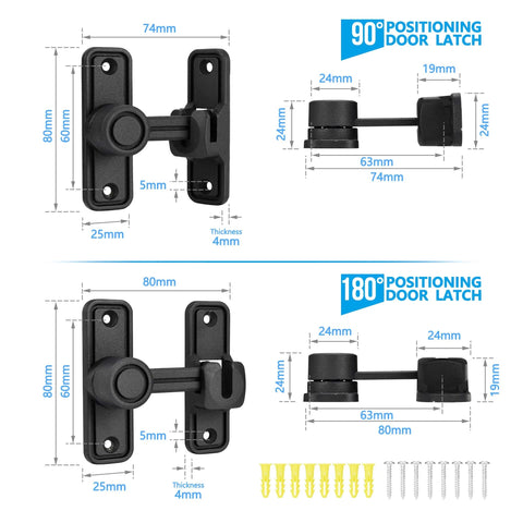 Sliding Barn Door Lock Latch Hardware 90 And 180 Degree Dual Slide Lock with measurements and screws included, black zinc alloy.