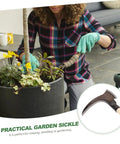 Woman using Lightweight Manganese Steel Garden Weeding Tool With Portable Double Edged Sickle for plant care in pot.