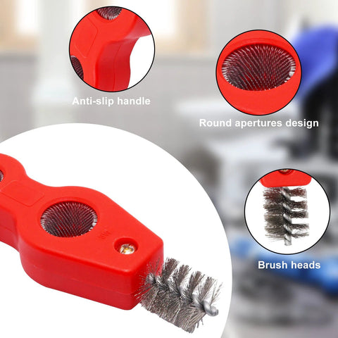 Front view of a red 4-in-1 copper pipe cleaner (2-pack) with anti-slip handle and wire brush head for brazing and plumbing.