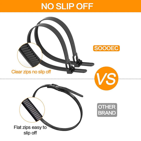 Comparison of 100 Pack Reusable Zip Ties 8 Inch Heavy Duty Outdoor UV Resistant vs Other Brand, highlighting no slip design.