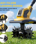 Cordless Garden Tiller Cultivator With 48 Steel Tines, 360 RPM Rototiller, shown on grass with easy-to-use cleaning design