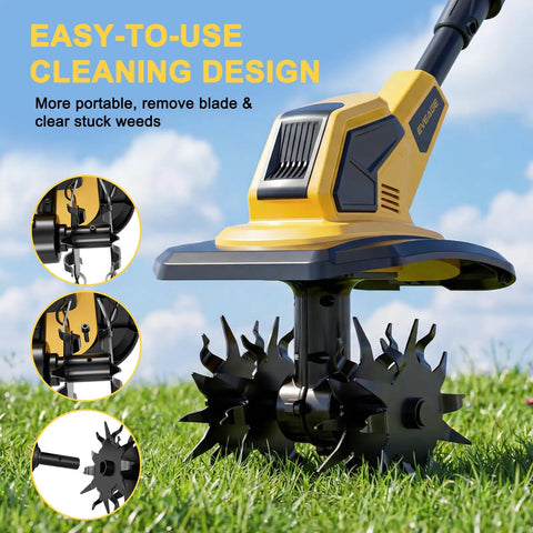 Cordless Garden Tiller Cultivator With 48 Steel Tines, 360 RPM Rototiller, shown on grass with easy-to-use cleaning design