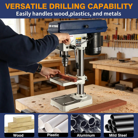 Kickass 8 Inch Benchtop Drill Press With Heavy Duty Cast Iron Head, drilling wood on adjustable work table.