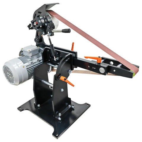 Heavy Duty Variable Speed Belt Sander Polisher With 72X2 Inch Belt For Metal Welds And Knife Sharpening Rock Solid 220V Motor shown from the side on a sturdy base.
