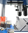 Close-up of The Workshop Beast Heavy Duty Pneumatic Punch Press Machine With Adjustable Cylinder Stroke And Digital Controls For Tough Metal Fabrication Jobs 110V components and base.
