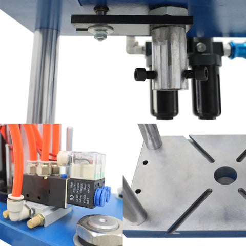 Close-up of The Workshop Beast Heavy Duty Pneumatic Punch Press Machine With Adjustable Cylinder Stroke And Digital Controls For Tough Metal Fabrication Jobs 110V components and base.