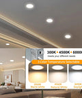 Ceiling view of 12 Pack 8 Inch LED Recessed Downlights with Junction Box Ultra Thin Design, Dimmable Canless Fixture, 3 color settings.